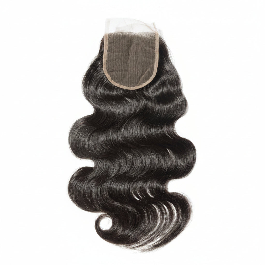 Black hair extension with a closure on a white background