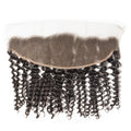 Black curly hair extensions with a lace front closure on a white background