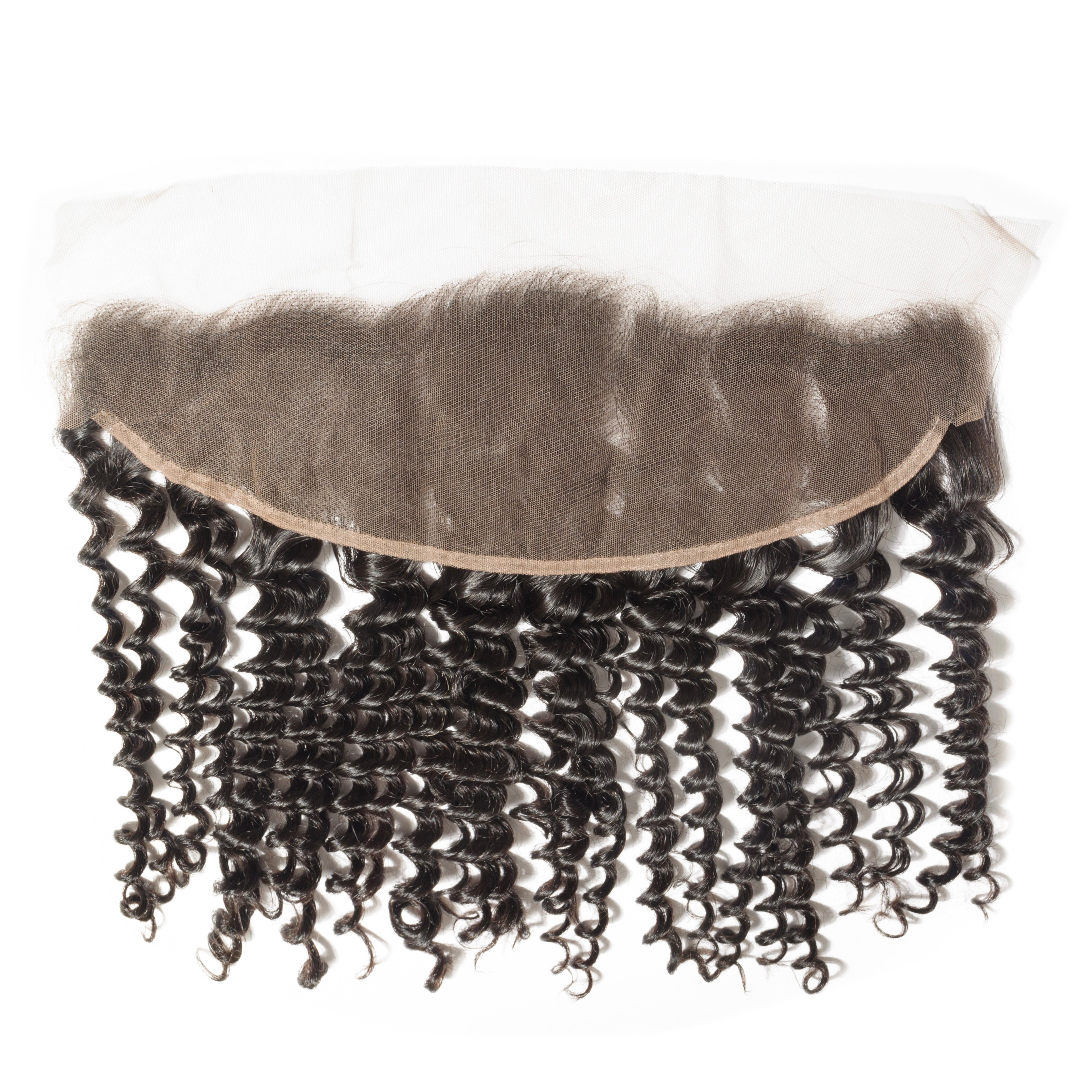 Black curly hair extensions with a lace front closure on a white background