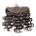 Black wavy hair extensions with a lace front closure on a white background