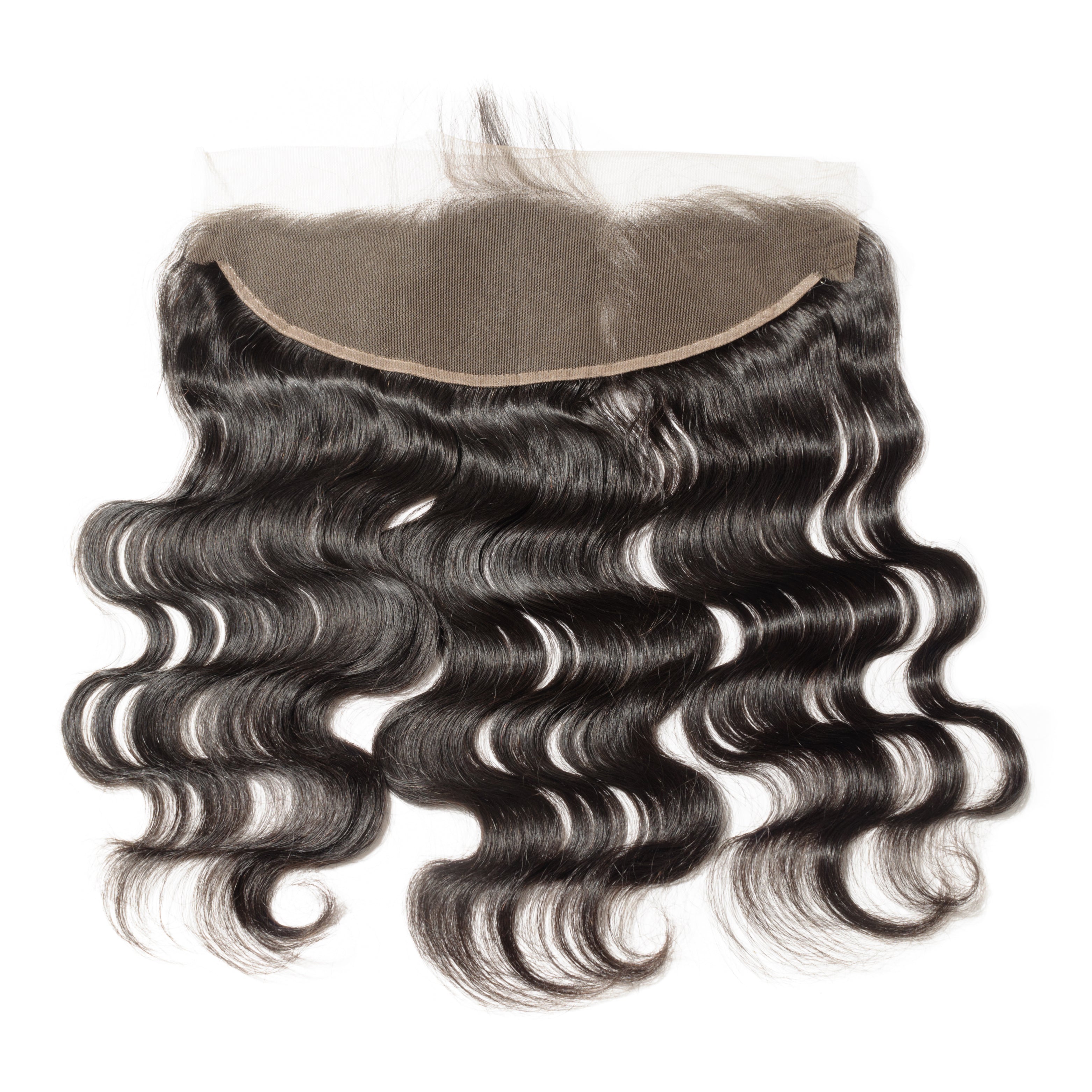 Black wavy hair extensions with a lace front closure on a white background
