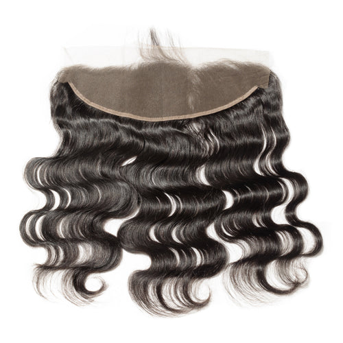Black wavy hair extensions with a lace front closure on a white background